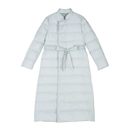 Snowy Dreams 雪中梦 - Long Vintage Chinese Style Down Coat for Women Over-Knee Length, Thickened Winter Tang Suit and Qipao Outerwear