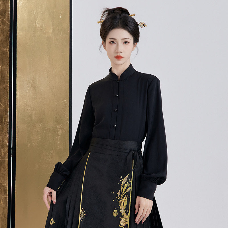 Ming Dynasty Modern Long Sleeve Top and Mamianqun - Midnight Longyin 龙吟夜