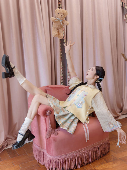 New Chinese Style Long Sleeve Top and Vest with Skirt or Wide Leg Pants - Butter 黄油可露丽