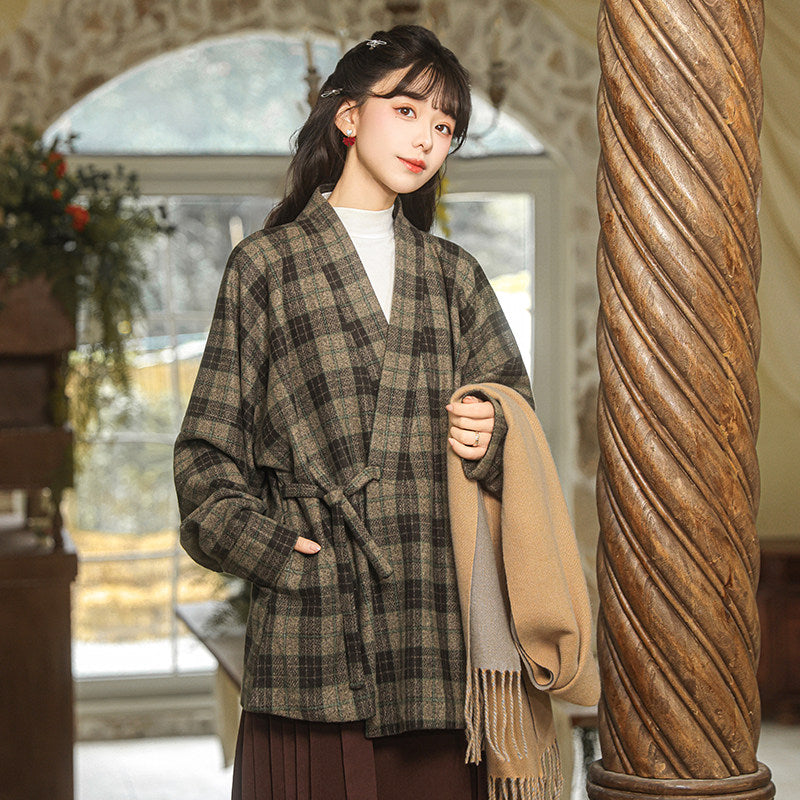 Modern Hanfu Cross Collar Plaid Jacket for Autumn and Winter - Warm Sun 暖阳