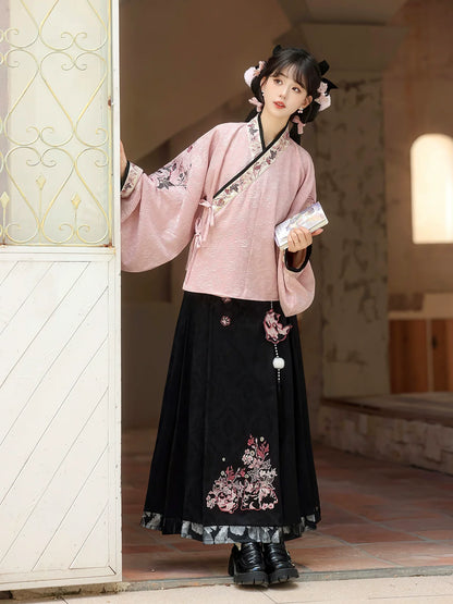 Painted Grace 粉墨千金 - Modern Hanfu Set with Cross-Collar Top, Vest, and Mamian Skirt, Daily New Chinese Style Outfit (Preorder)