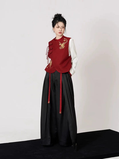 New Chinese Style Women Gold Thread Embroidered Vest, Top & Wide Leg Pants - Firefinch 火雀 (Preorder)