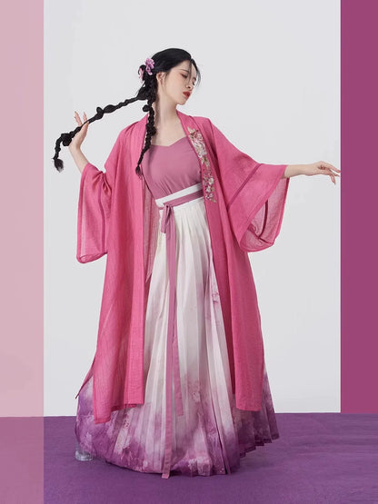Song Dynasty Modern Hanfu Set with Changgan Temple Beizi and Wrap Skirt - Pink Carved Jade 粉雕玉琢 (Preorder)