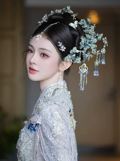 Ocean Petals - Blue Floral Tassel Bridal Hairpin New Chinese Wedding Hair Accessories for Xiuhe, Hanfu, and Cheongsam Bride