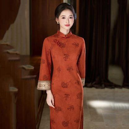 Patterned Long Sleeve Crimson Cheongsam | Vermilion Bird