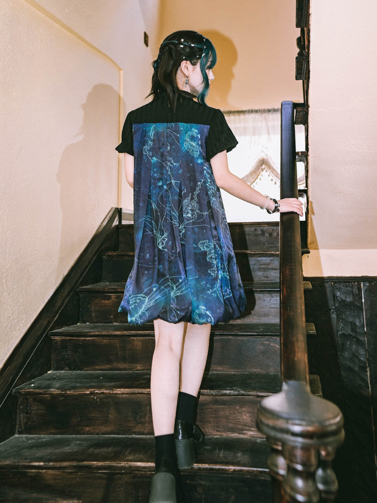 New Chinese Style Flower Bud Short Sleeve Dress - Floating Electric Jellyfish 蓝界浮荧