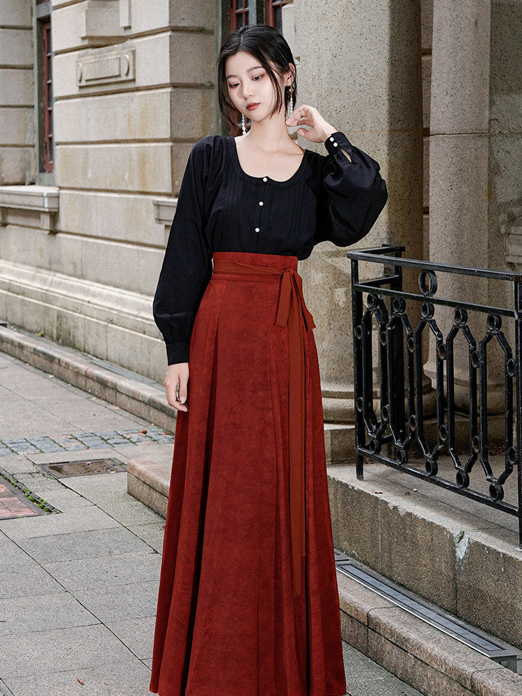 Tang Dynasty Modern Hanfu Sweetheart Collar Shirt and Wrap Skirt - Qiufen 秋分 (Preorder)