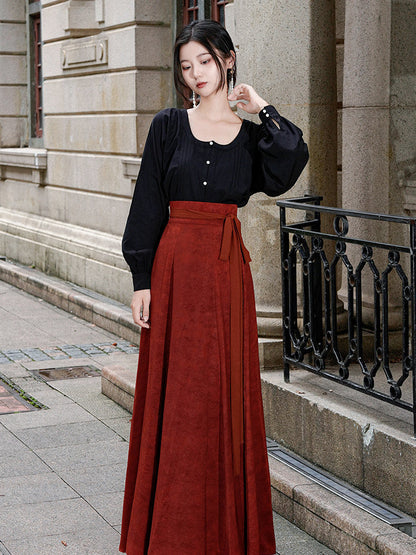 Tang Dynasty Modern Hanfu Sweetheart Collar Shirt and Wrap Skirt - Qiufen 秋分 (Preorder)