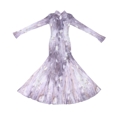 New Chinese Style Fitted Mermaid Cheongsam Dress and Outerwear with Detachable Fur Collar - Purple Mist 生紫烟 (Preorder)