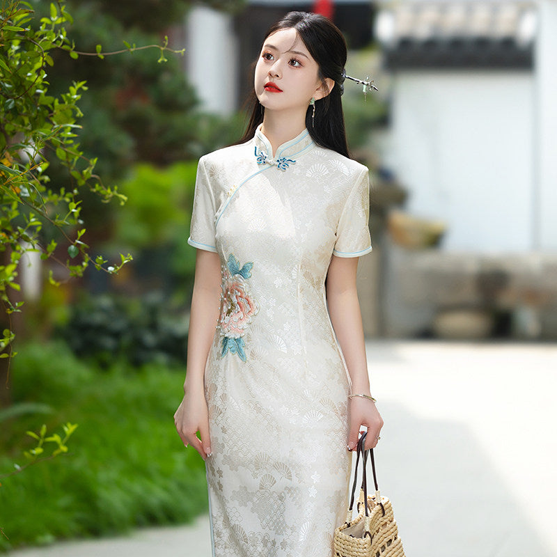 Short Sleeve Floral Long Cheongsam | Peony