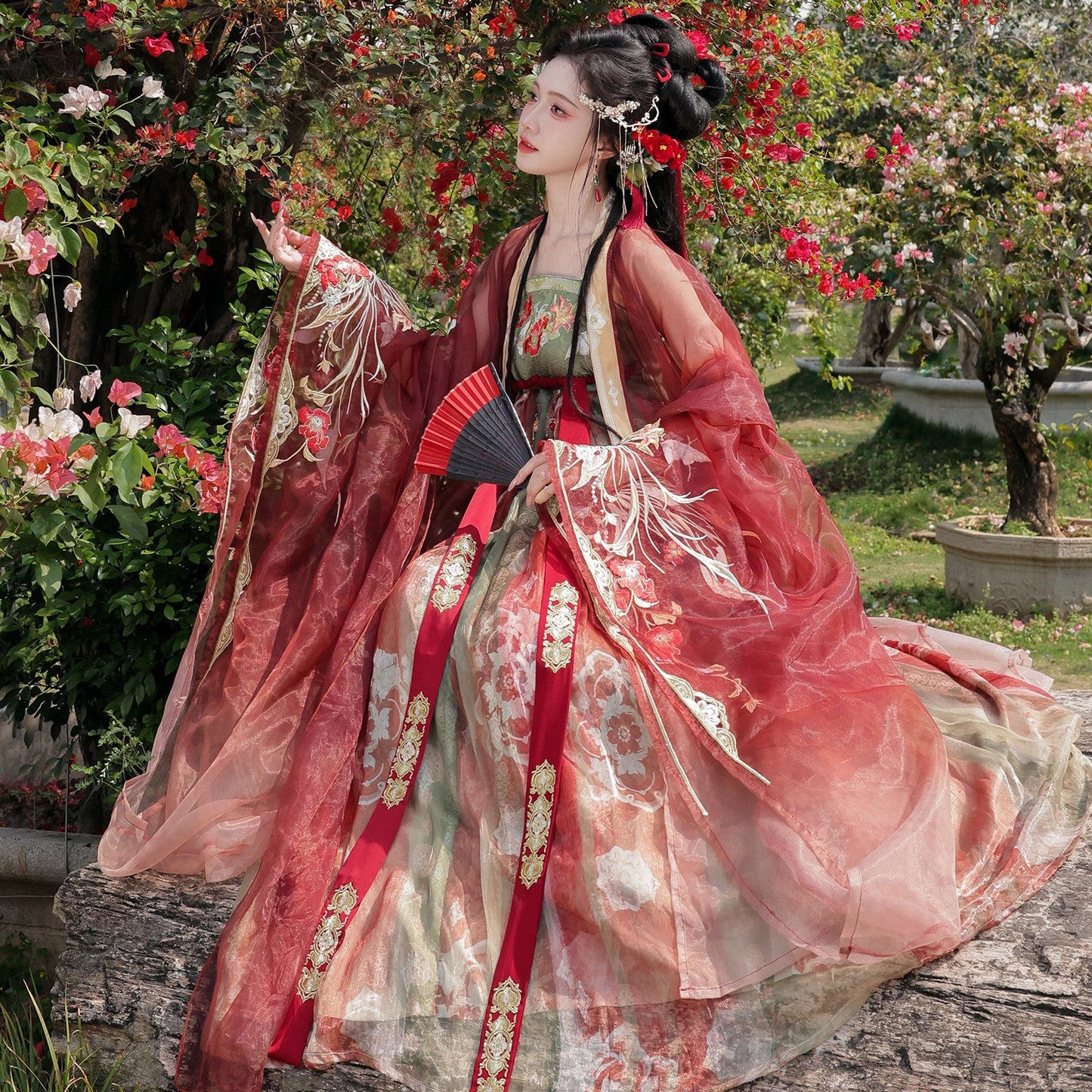 Zan Hong | Festive Red Hanfu Set with Embroidered Qixiong Dress and Wide Sleeve Cardigan