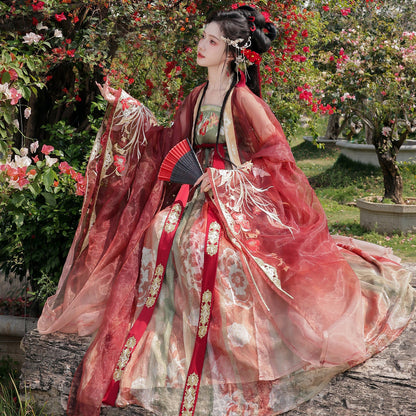 Zan Hong | Festive Red Hanfu Set with Embroidered Qixiong Dress and Wide Sleeve Cardigan