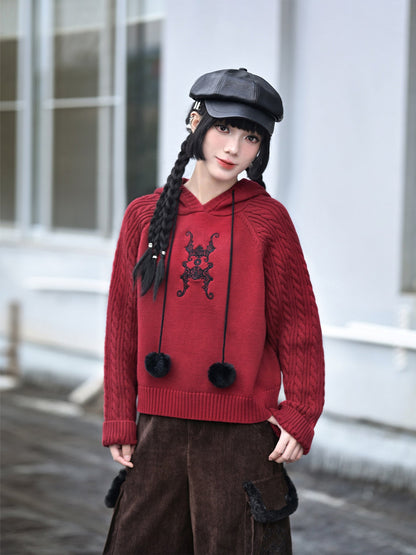 New Chinese Style Embroidery Red Cropped Hooded Sweater - Lucky Bat 福蝠