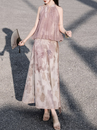 New Chinese Style Pink Puffy Top and A-line Skirt - Wilderness 旷野 (Preorder)