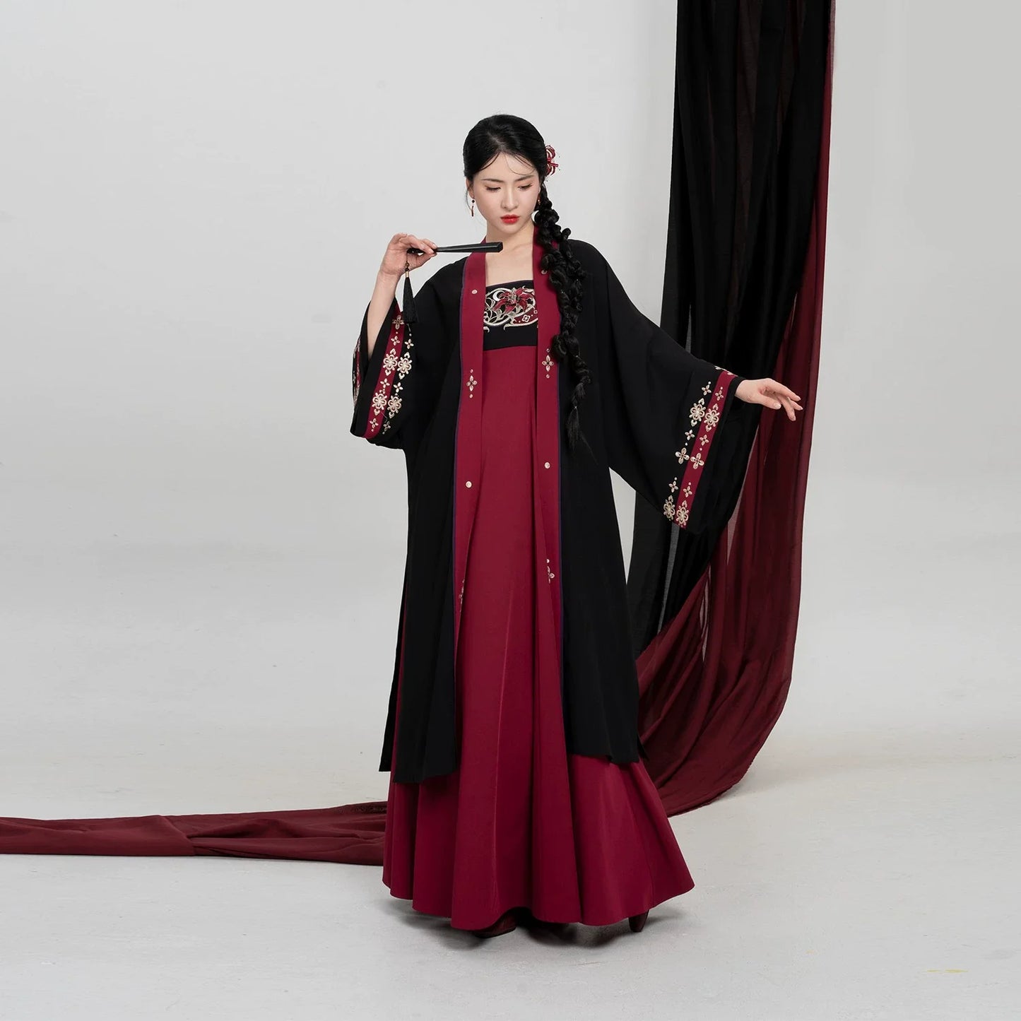 Tang Dynasty Modern Hanfu Set Changgan Temple Beizi and Slip Dress - Crimson Scarlet 绛百合 (Preorder)