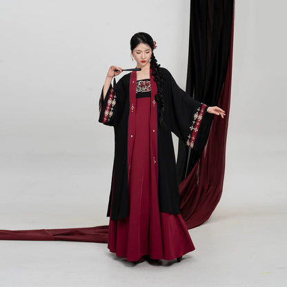 Tang Dynasty Modern Hanfu Set Changgan Temple Beizi and Slip Dress - Crimson Scarlet 绛百合 (Preorder)