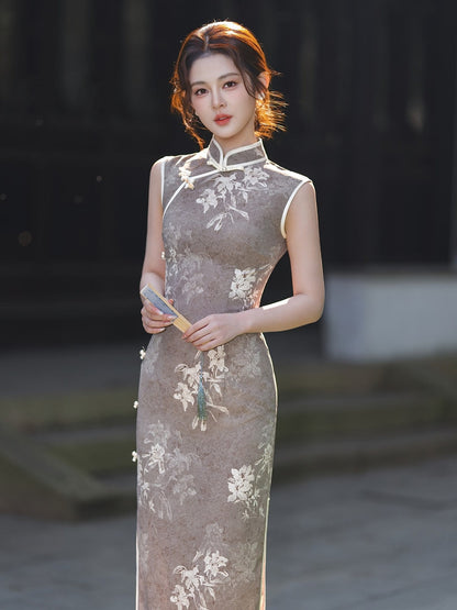 Sleeveless Ink Leaves Midi Cheongsam | Cold Fragrance