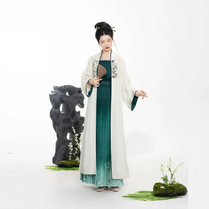 Song Dynasty Modern Hanfu Set with Long Sleeve Cardigan and Pleated Skirt - Bamboo Boat 乌篷船 (Preorder)