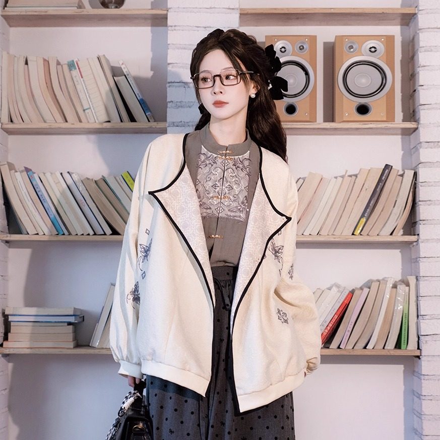 Tang Dynasty Modern Hanfu Round Collar Cardigan Linen Blend Top and Bloomers - Ink Like 似墨