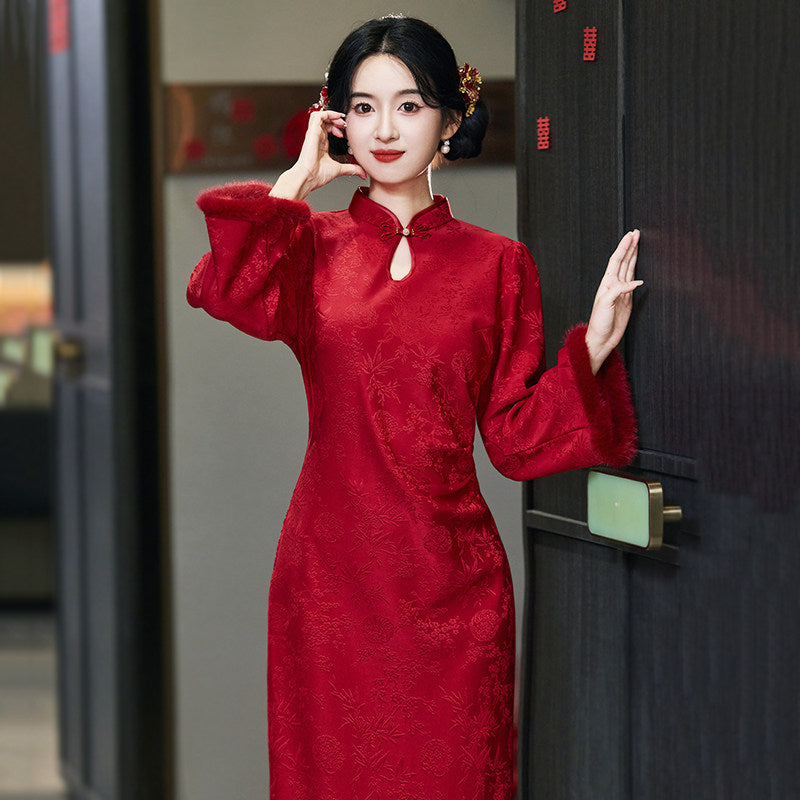 Chinese Wedding Engagement & Tea Ceremony Long Sleeve Cheongsam | Blissful Years