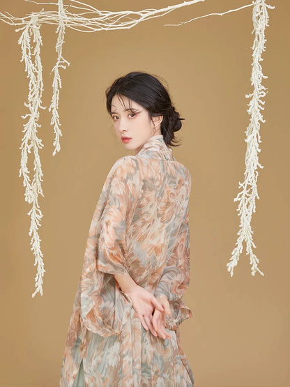Song Dynasty Modern Hanfu Set with Changgan Temple Beizi and Pleated Skirt - Jiaoliu 娇柳 (Preorder)