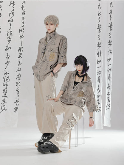 Sand Dunes - New Chinese Style Zipper Short Sleeve Shirt Overalls Cargo Pants
