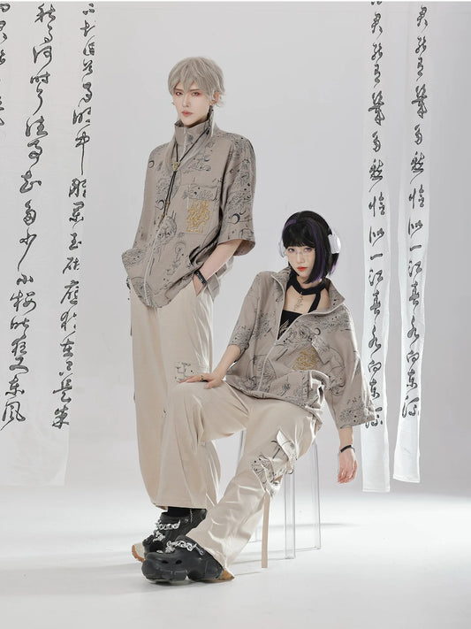 Sand Dunes - New Chinese Style Zipper Short Sleeve Shirt Overalls Cargo Pants