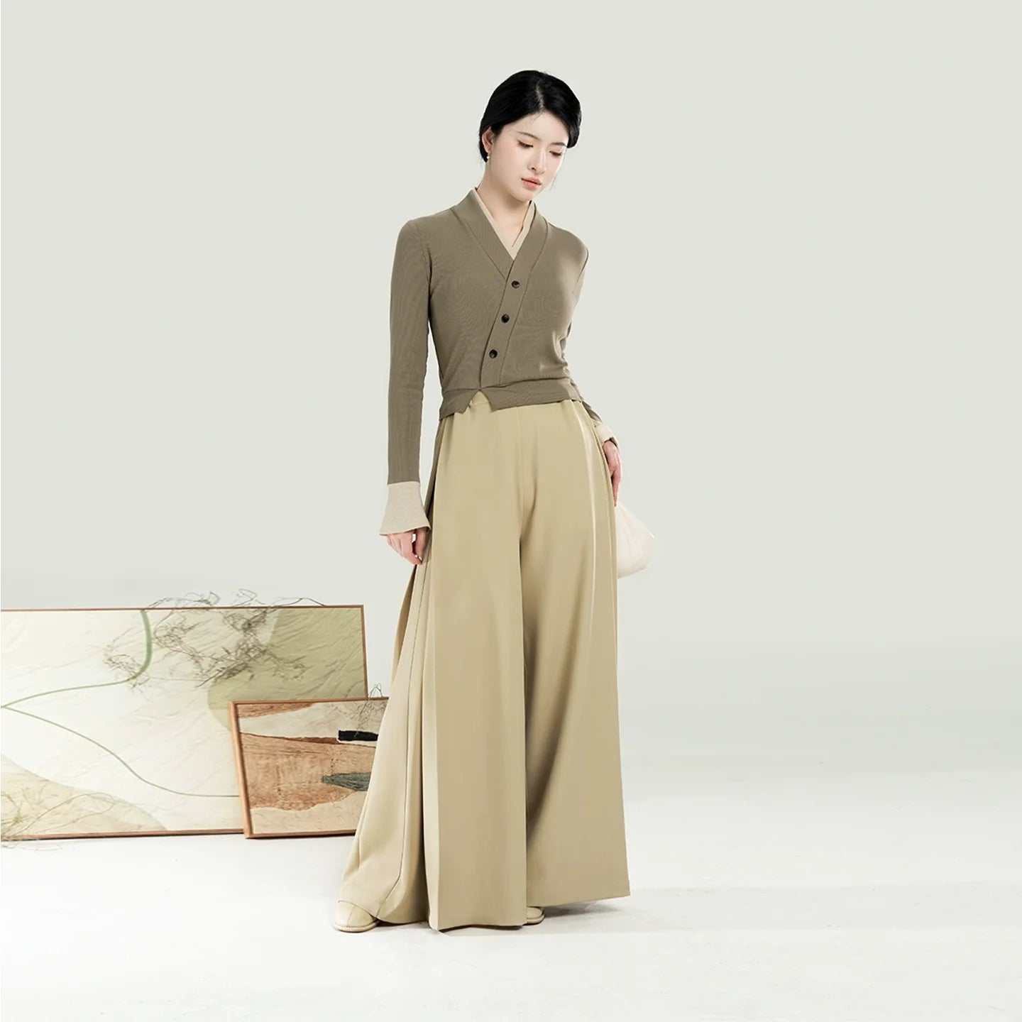 New Chinese Style Women Knitted Top with Palazzo Pants Set - Chunming 椿茗 (Preorder)