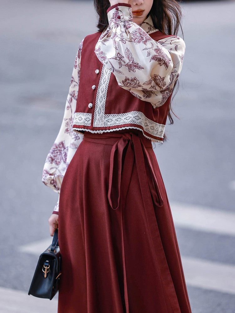 New Chinese Retro Style Long Sleeve Top and Vest with Ten Panel Wrap Skirt - Mulan 木兰 (Preorder)