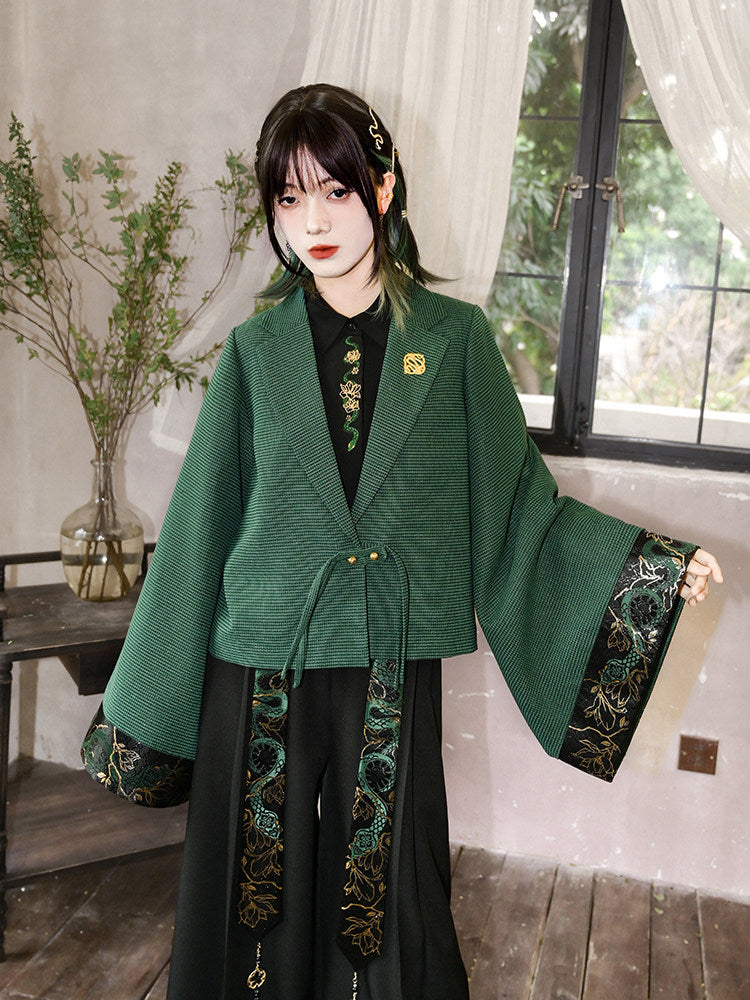 New Chinese Style Wide Sleeve Green Jacket - Shengqing 升卿