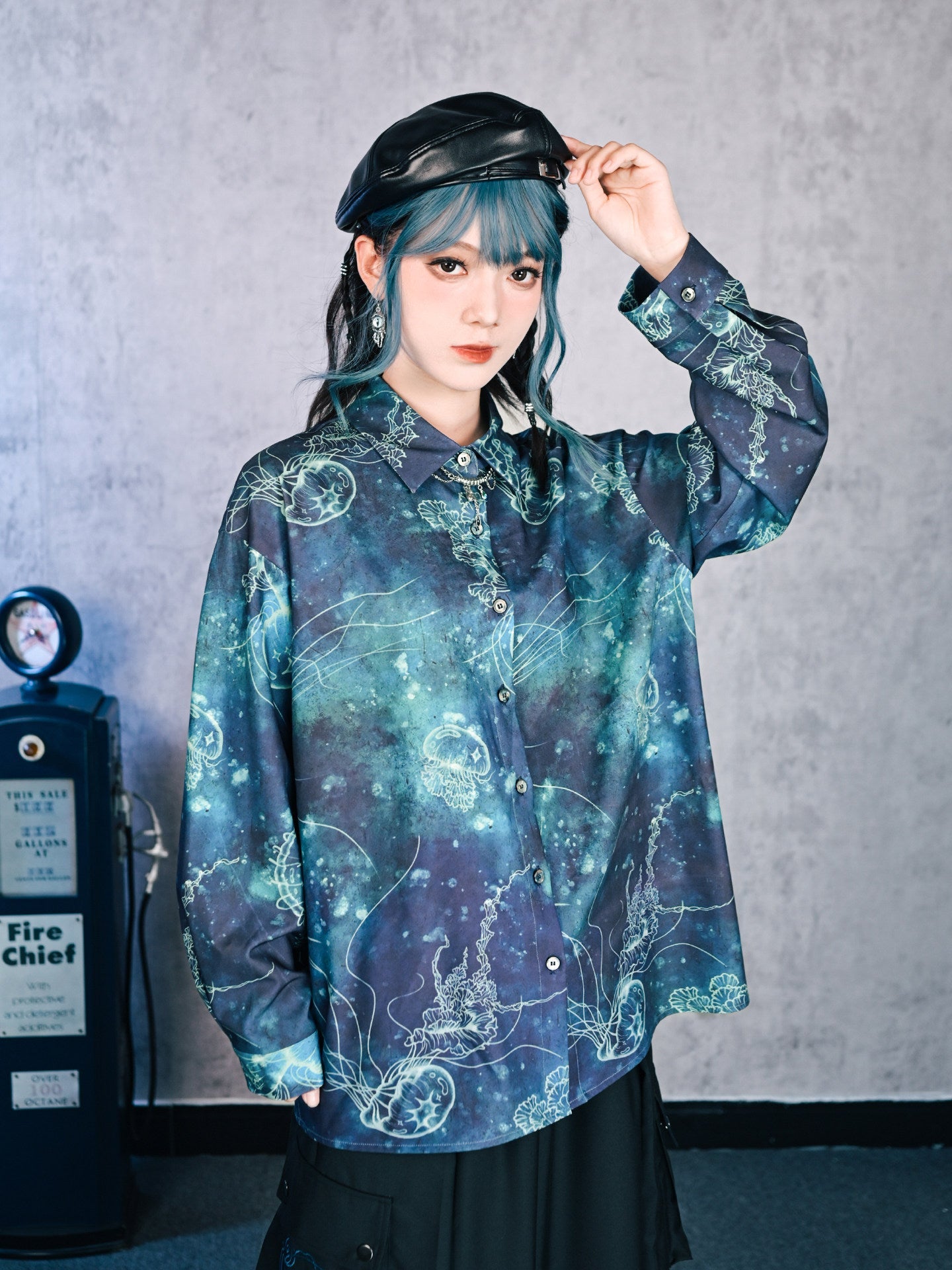 New Chinese Style Long Sleeve Top - Floating Electric Jellyfish 蓝界浮荧