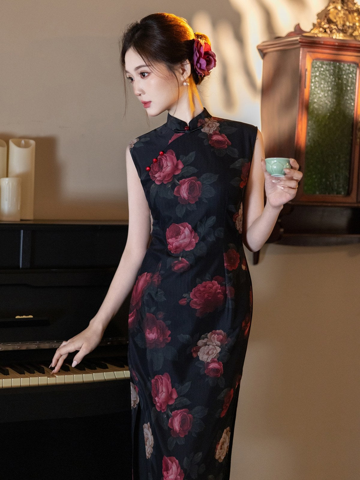 Sleeveless Floral Midi Cheongsam | Night Rose