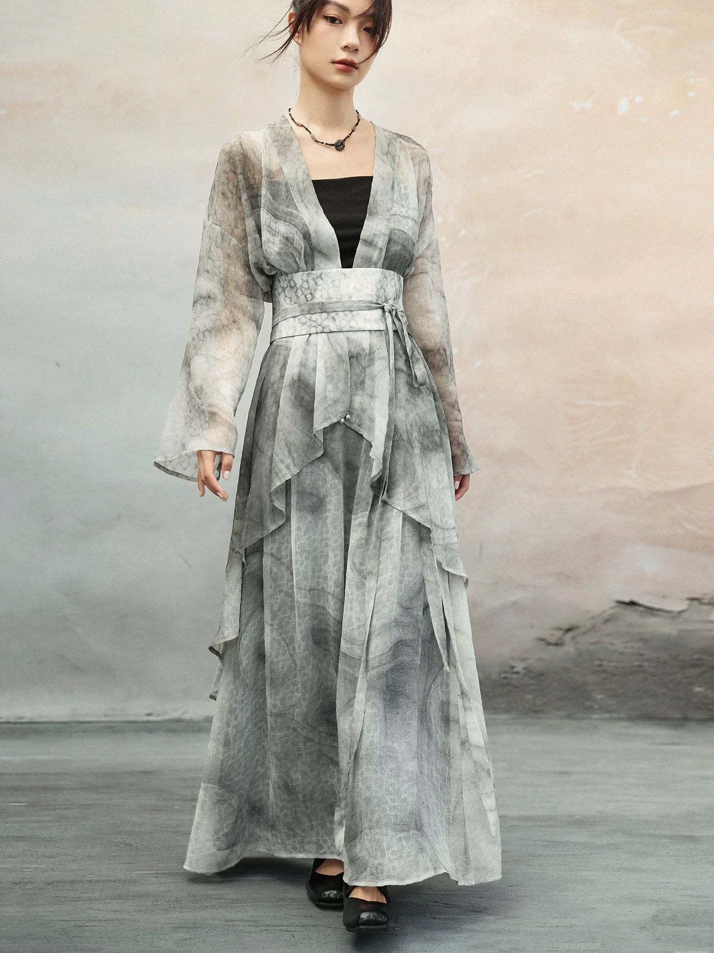 New Chinese Style Light and Breathable Graphite Texture Print Long Cardigan