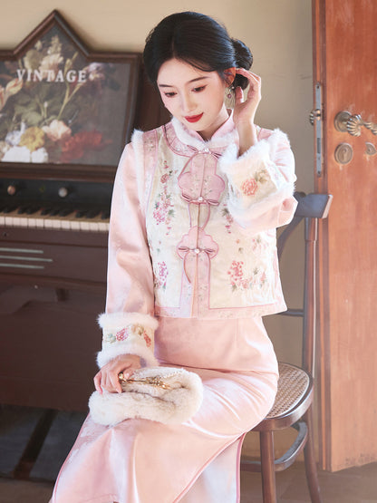 Long Sleeve Fur Trim Floral Qipao and Vest | Pink Roses