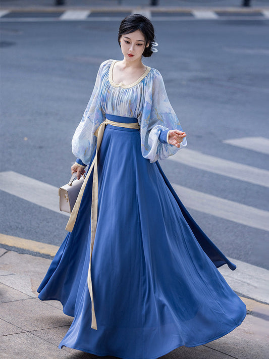 Tang Dynasty Modern Hanfu Heart Collar Top and Wrap Skirt - Van Gogh Sea 梵高的海国 (Preorder)