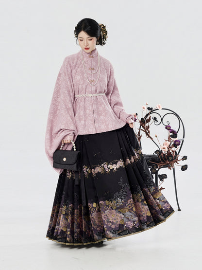 Ming Dynasty Modern Hanfu Pipa Sleeve Top & Mamianqun | Nightingale Begonia 夜莺海棠