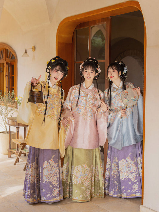 Ming Dynasty Round Collar Pipa Sleeve Top & Mamian Skirt | Melodies 棠织金音