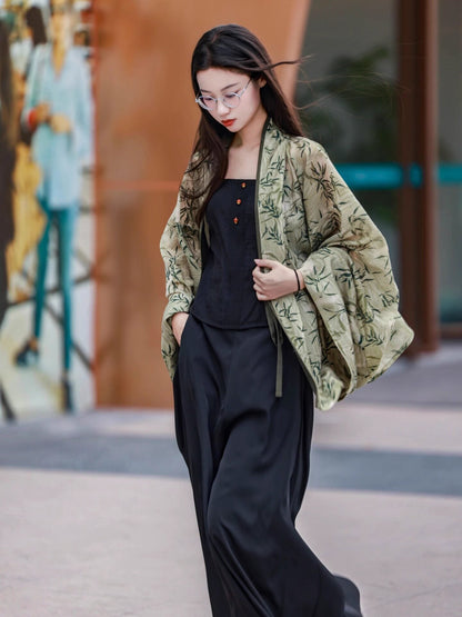 Wei, Jin and Southern and Northern Dynasties Style Bamboo Printed Cardigan - Yujun 玉君 (Preorder)