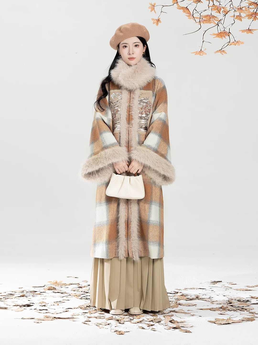 New Chinese Style Women Round-Neck Coat and Pleated Skirt - Evening Breeze and Snow 晚风欲雪 (Preorder)