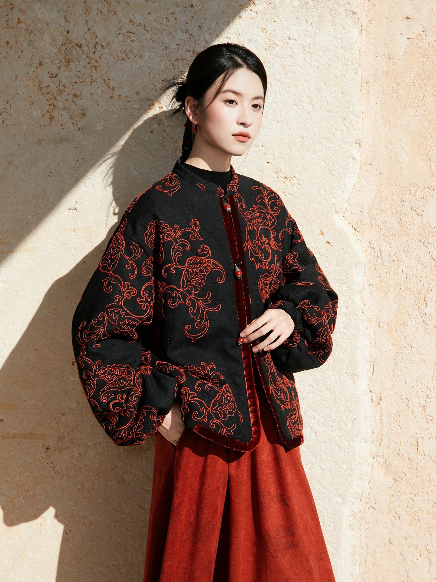 New Chinese Style Paisley Cord Embroidery with Handcrafted Beaded Buttons Jacket - Linglan 聆兰