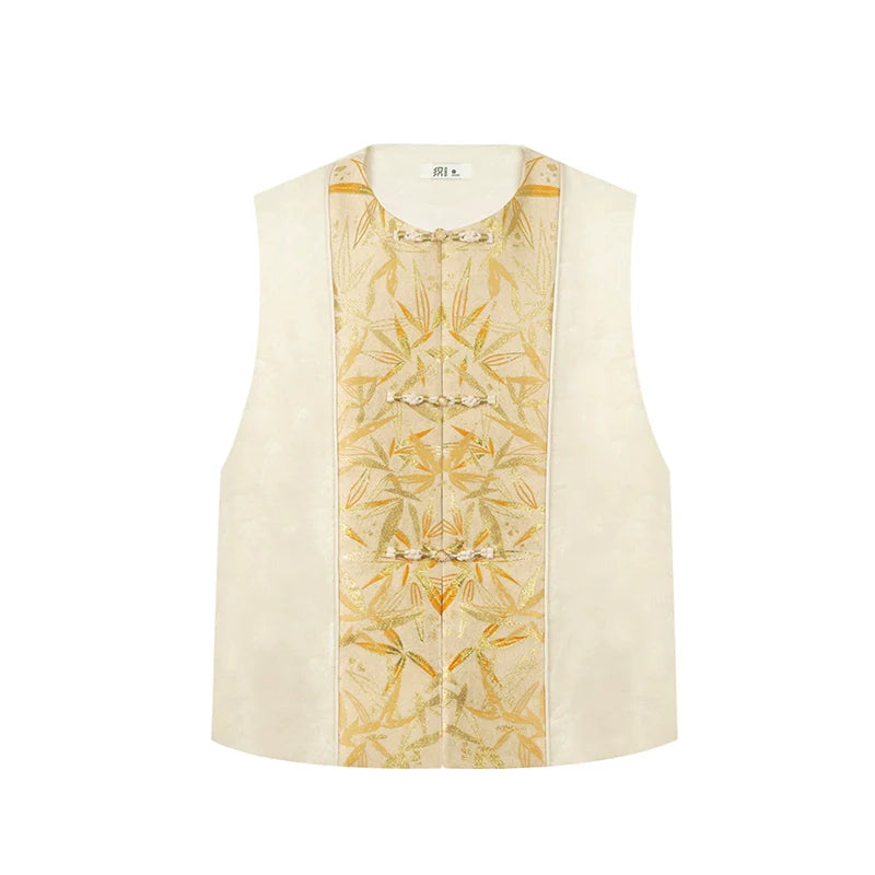 New Chinese Style Bamboo Motif Brocade Vest, Sweater & Tailored Wide Leg Pants - Golden Bamboo Branch 金枝竹 (Preorder)