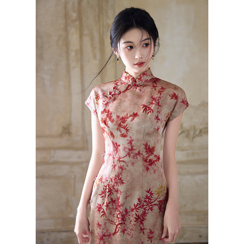 Short Sleeve Floral Midi Cheongsam | Mid Autumn