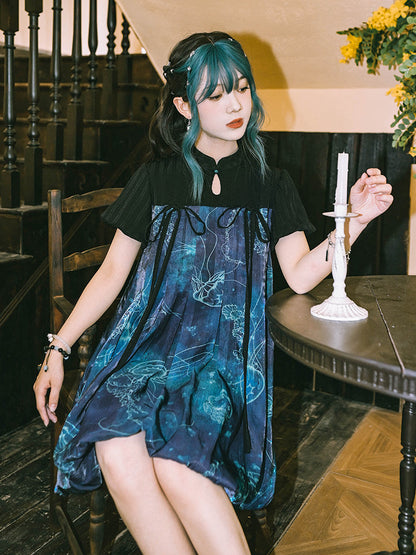 New Chinese Style Flower Bud Short Sleeve Dress - Floating Electric Jellyfish 蓝界浮荧