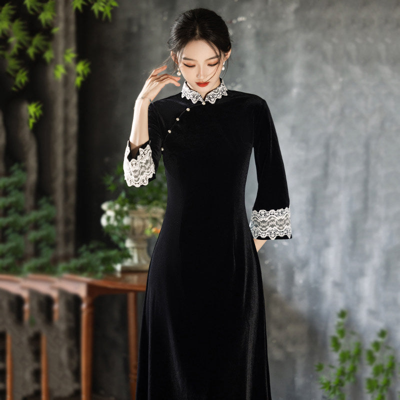 Mid Sleeve A Line Lace Cheongsam | Onyx
