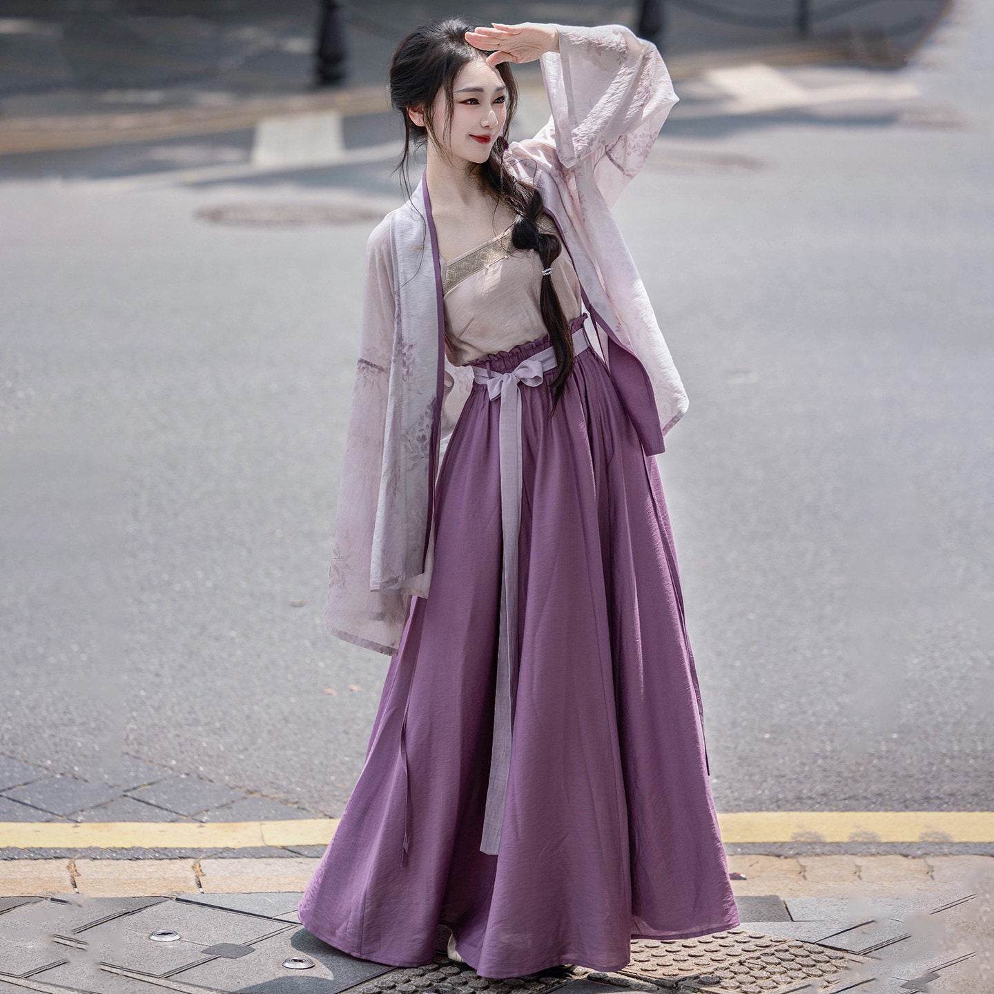 Song Dynasty Modern Hanfu Cardigan and Pocketed Skirt - Ice Wisteria 紫藤冰沙 (Preorder)