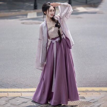 Song Dynasty Modern Hanfu Cardigan and Pocketed Skirt - Ice Wisteria 紫藤冰沙 (Preorder)