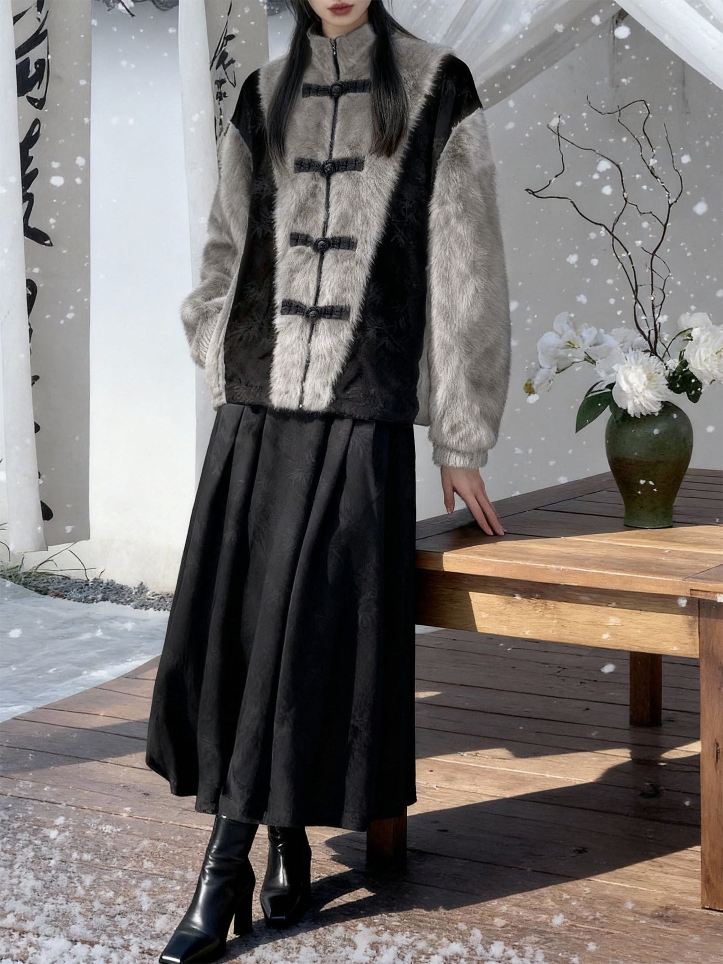 New Chinese Style Faux Rabbit Fur Jacket - Golden Bamboo Leaf 金竹叶 (Preorder)