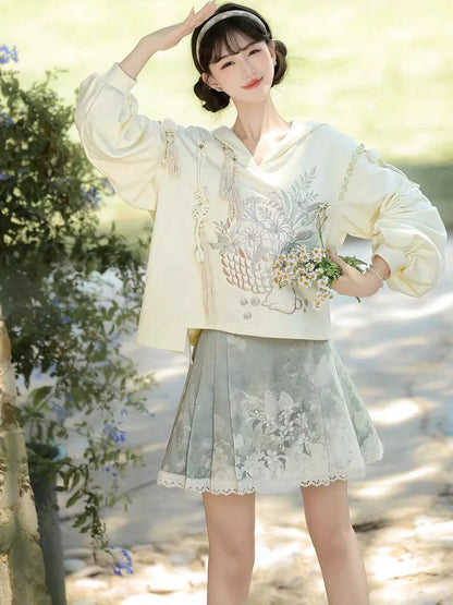 Morning Garden 清晨花园 - Modern Hanfu Daily Wear Hoodie Blouse and Mamian Skirt