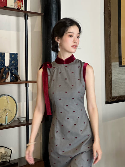 Sleeveless Velvet Heart Long Cheongsam | Miss Butterfly