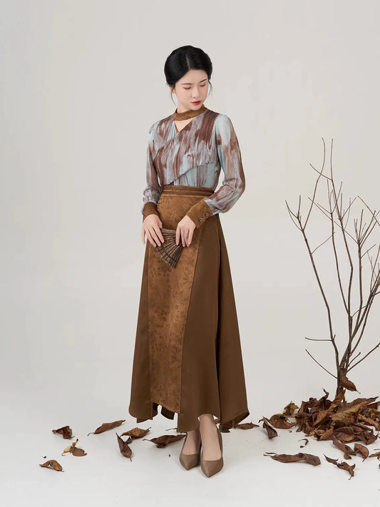 New Chinese Style Women Long Sleeve Top & Asymmetrical Hanfu Inspired Skirt - Luotong Pass 洛潼关 (Preorder)